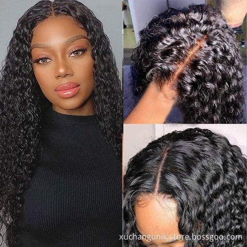 Uniky  best selling Water Wave deep curly T Part Lace Wig indian Lace Part Remy Human Hair Wigs For Black Women